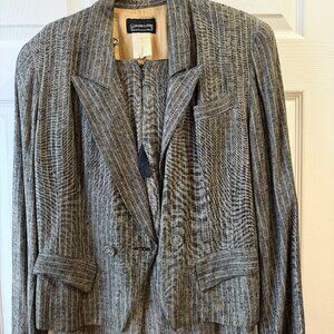 This is a Carole Little grey and white striped blazer and skirt suit.